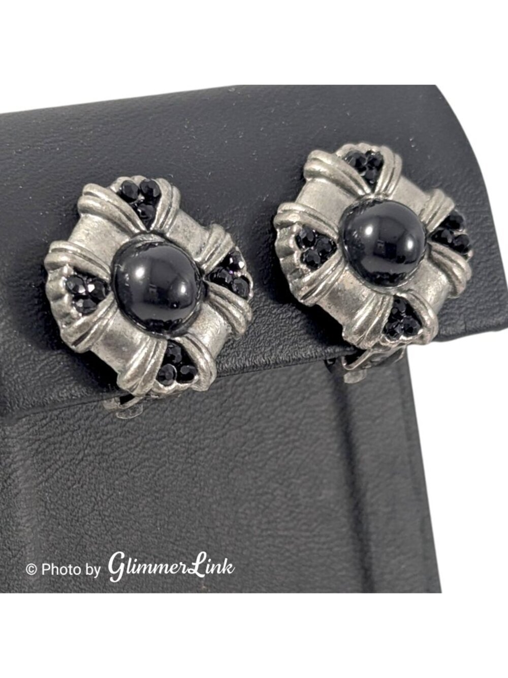Vintage Black Cabochon Rhinestone Maltese Cross Clip On Earrings